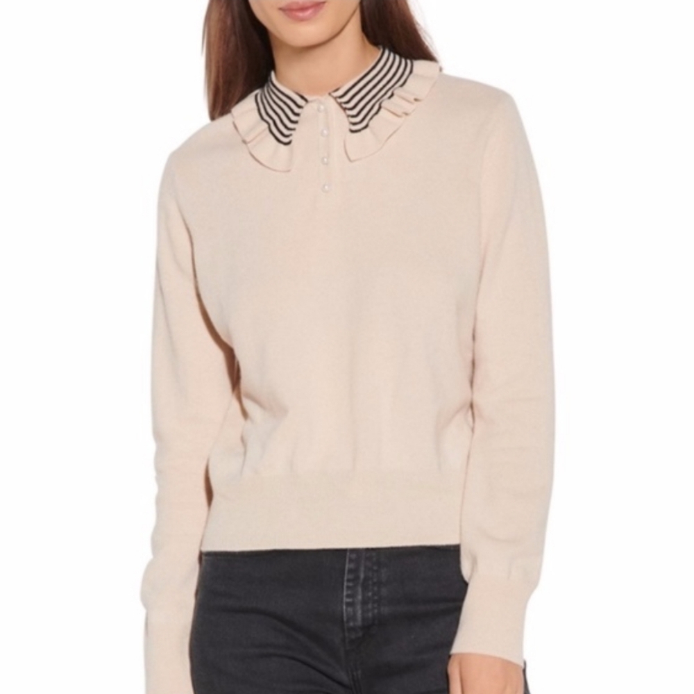 Sandro Paris‎ Noemi Wool Ruffle Collar Sweater Pearl Buttons Women's Small 4-6
